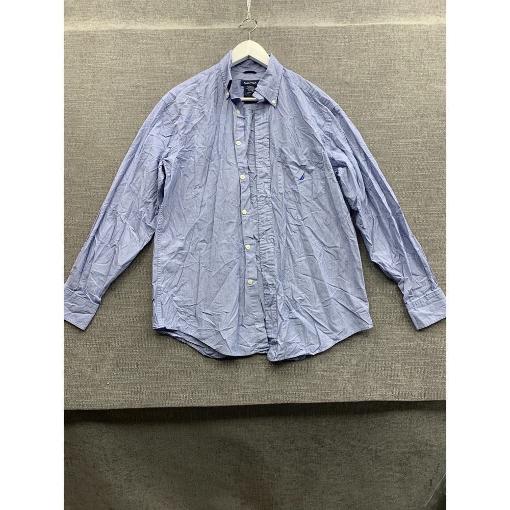 Nautica Shirt Mens Medium Blue White Striped Cotton Long Sleeve Button Down